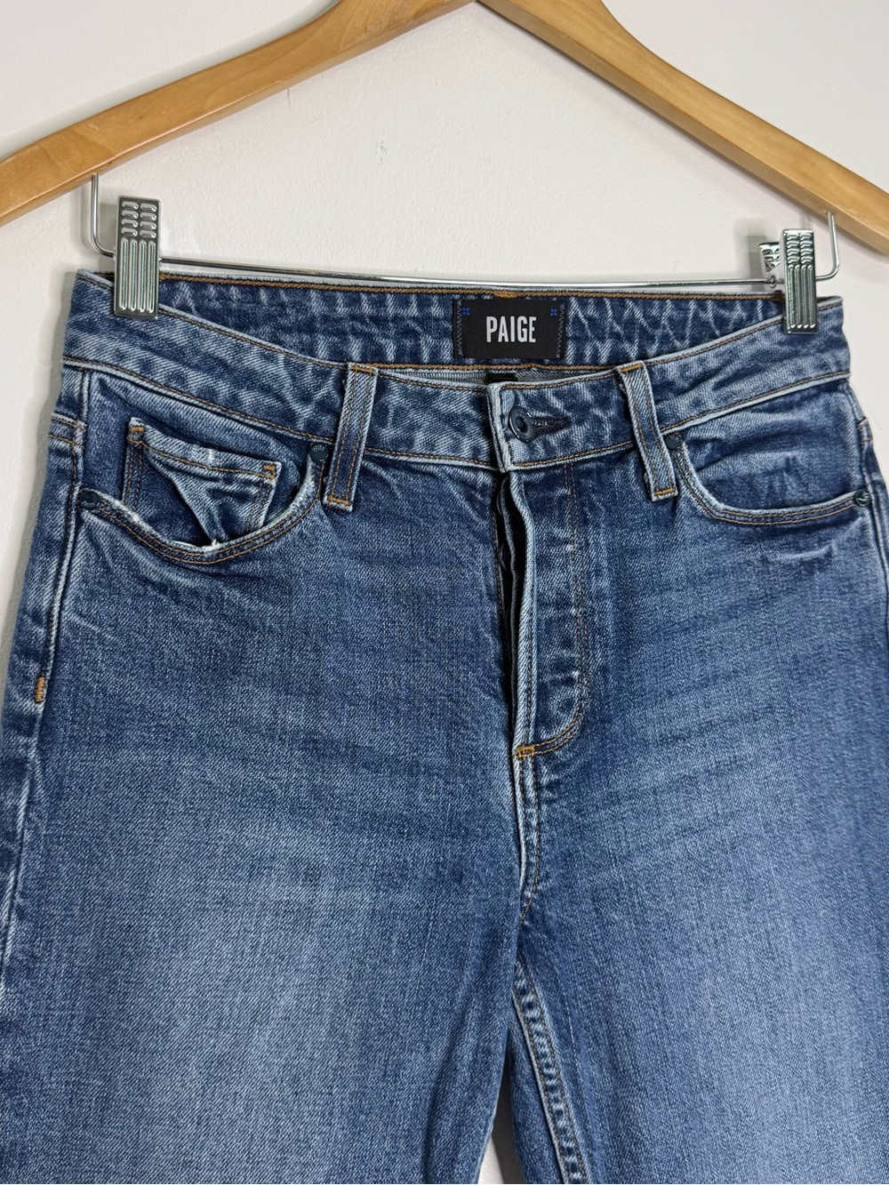 PAIGE Colette Crop Flare Jeans Size 26 Raw Hem High Rise Blue Denim - Picture 3 of 6